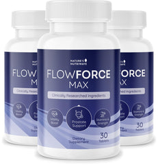 FlowForceMax herbal support bottle with 30 vanilla chewable tablets