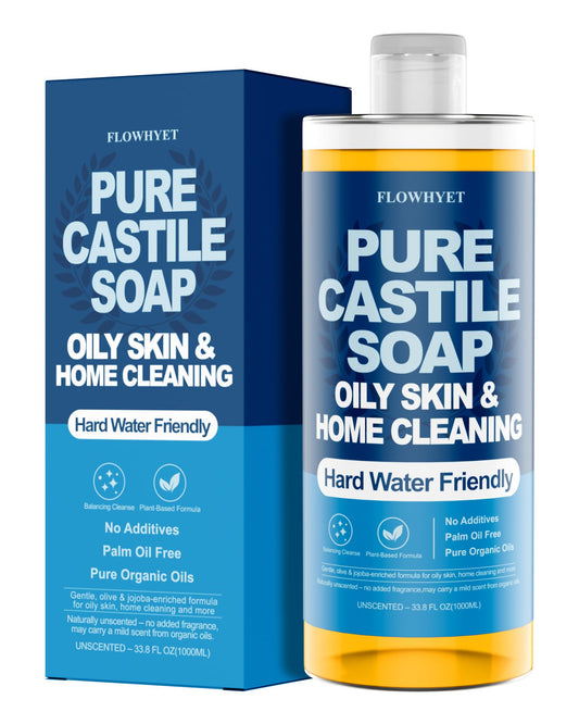 Bottle of FLOWHYET Pure Castile Soap Liquid Unscented 33.8 oz