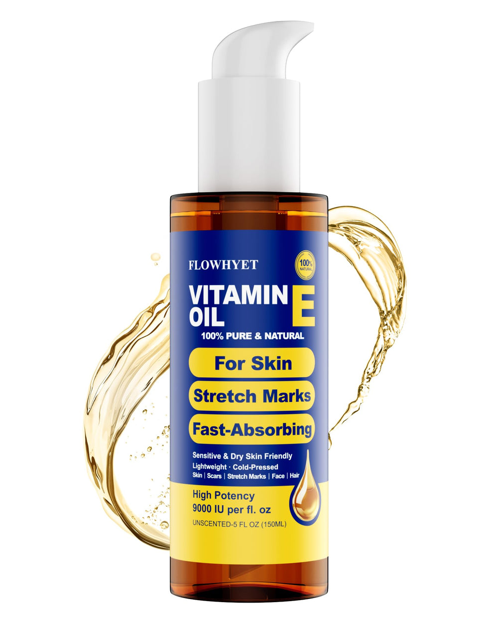 Flowhyet Vitamin E Oil face bottle demonstrating quick absorption for daily skincare.