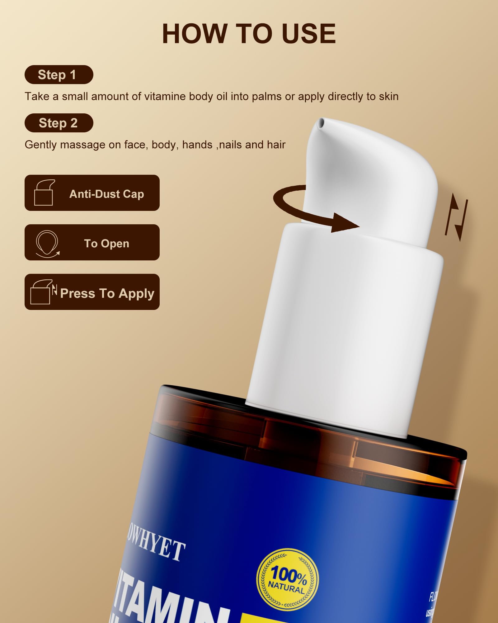 Flowhyet Vitamin E Oil ingredients label confirms hexane-free, cold-pressed purity.