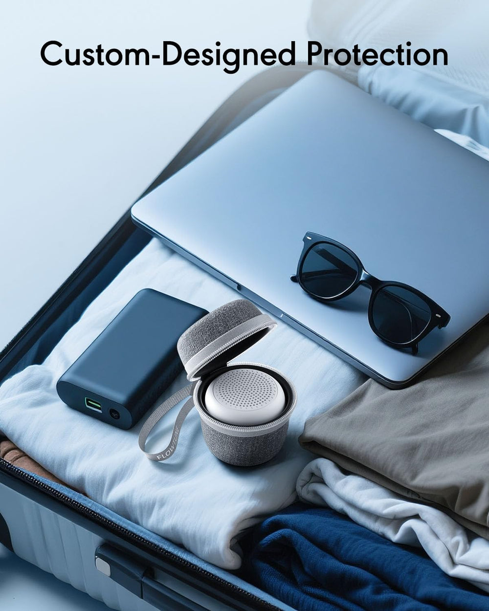 Flowtune Mini case durable exterior resists dirt and moisture for travel.