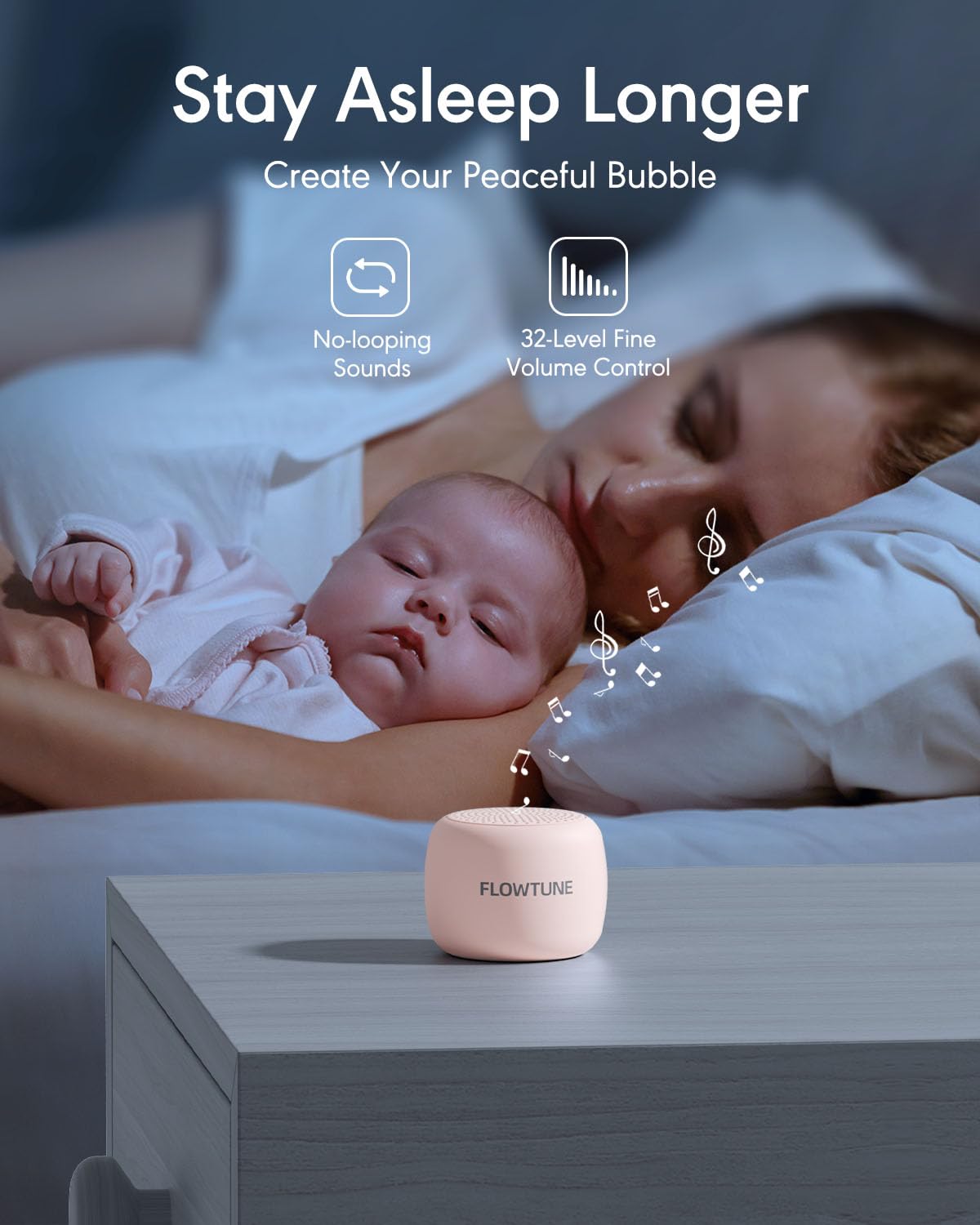 Flowtune travel-friendly sound machine with compact size fits bags for quick relaxation anywhere.