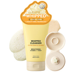 Flufie whipped cleanser bottle on a clean surface for daily brightening cleansing.