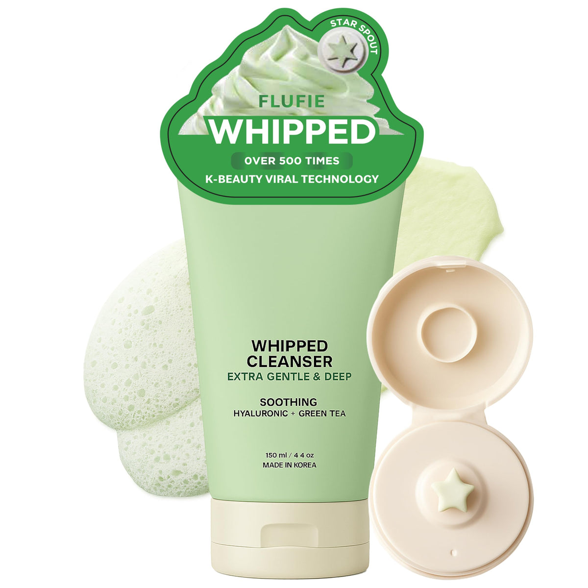 Flufie Whipped Cleanser foam application shows gentle cleansing and hydration