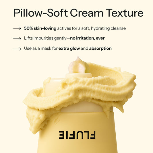 Flufie whipped cleanser foam texture displayed for gentle, luxurious cleansing experience.