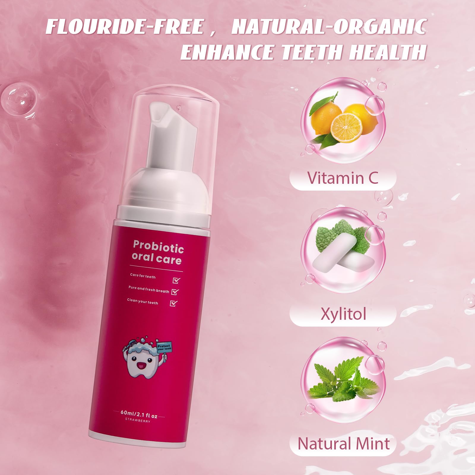 Packaging of fluoride-free foam kids toothpaste in mint strawberry