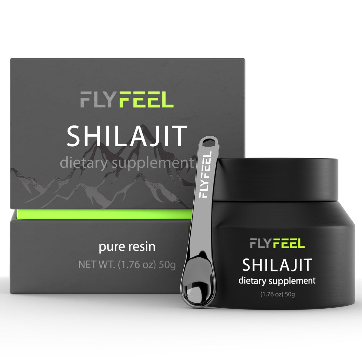 FlyFeel Shilajit Resin bottle with label on white background