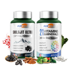 Flynew Shilajit + Multivitamin bottle label displaying 60 capsules