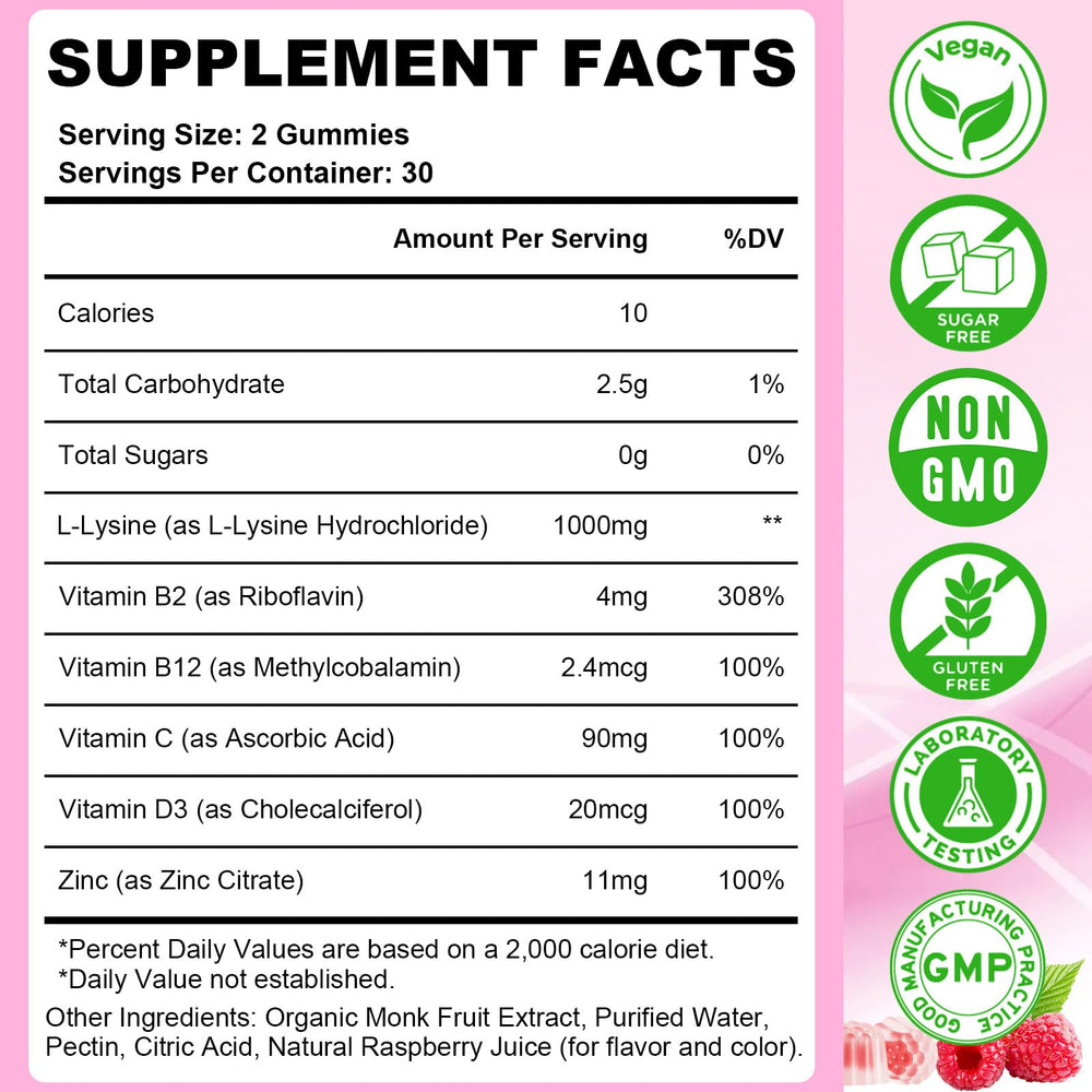 Raspberry-flavored L-Lysine gummies close-up