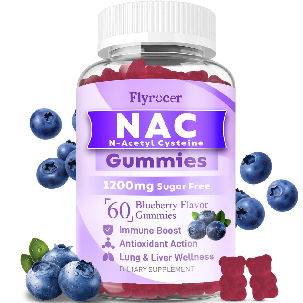Bottle of Flyrocer NAC Gummies 1200mg with blueberry flavor