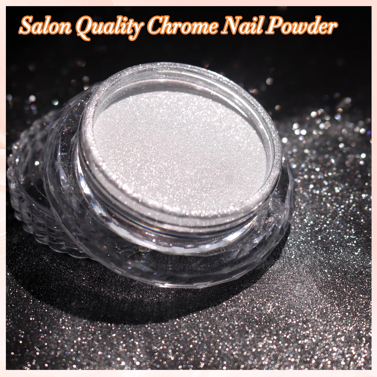 FNNZ Chrome powder applied to gel nails for a high-gloss finish.