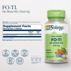Fo-Ti root herb close-up showing 610 mg per capsule