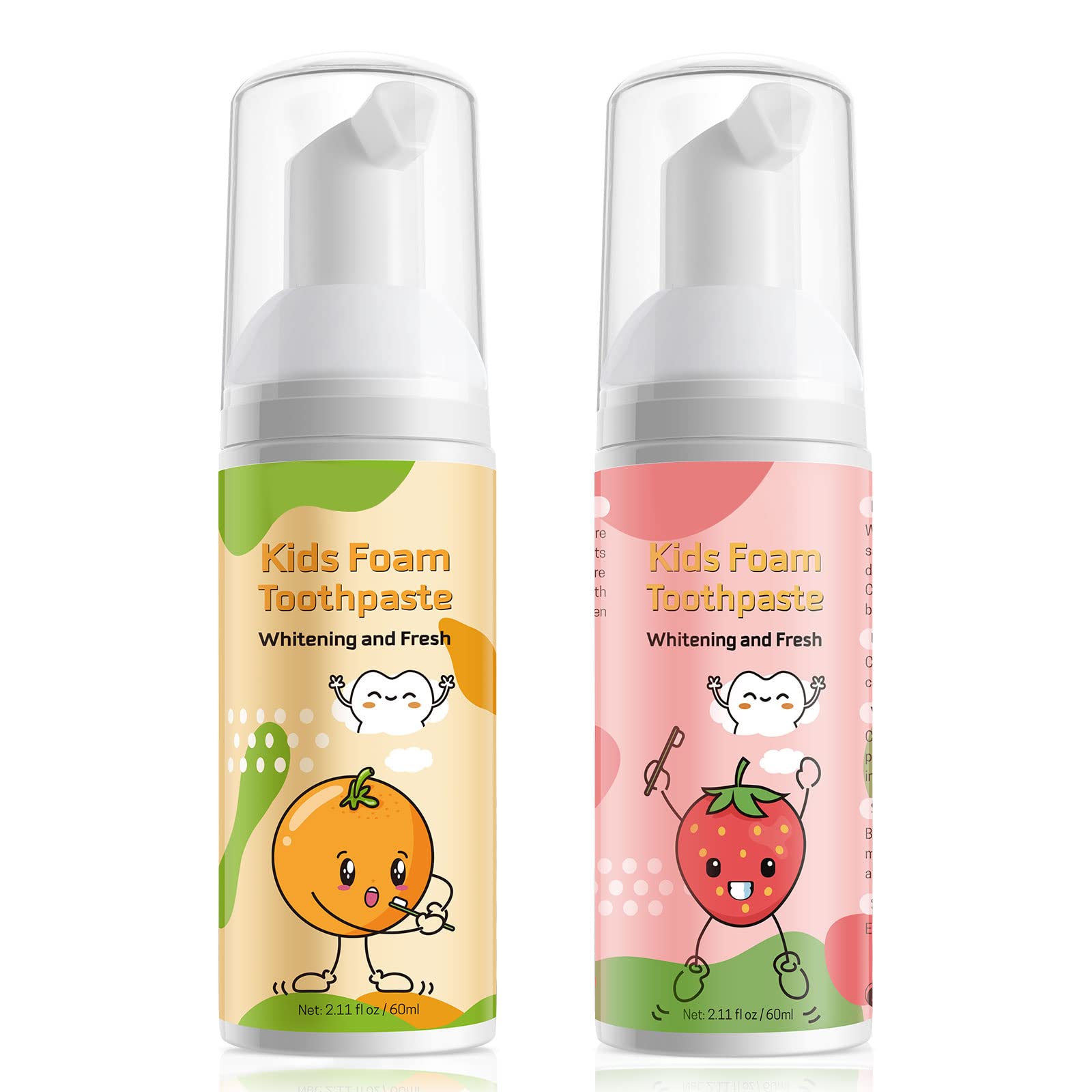Foam toothpaste for kids with minty orange-strawberry flavor bottle