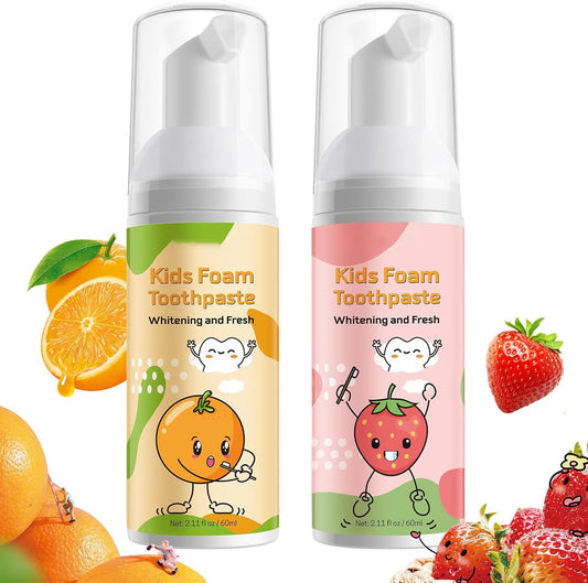 Two 60ml bottles of kids foam toothpaste in strawberry and orange flavor