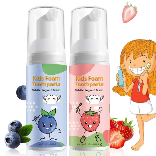 Close-up of kids foam toothpaste with fruity flavour for ages 3+.
