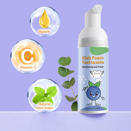 Product box and packaging for kids foam toothpaste (fruity flavour).