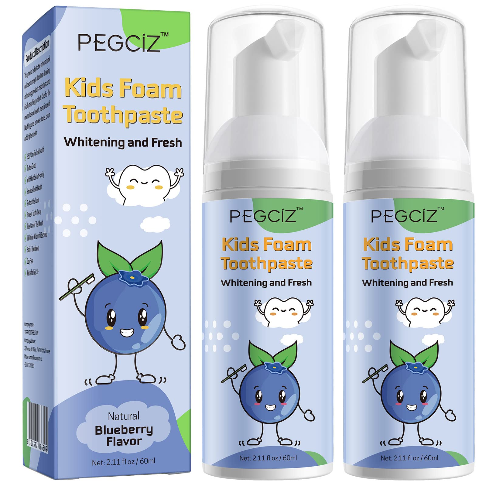 Foam toothpaste kids blueberry packaging and 2-pack
