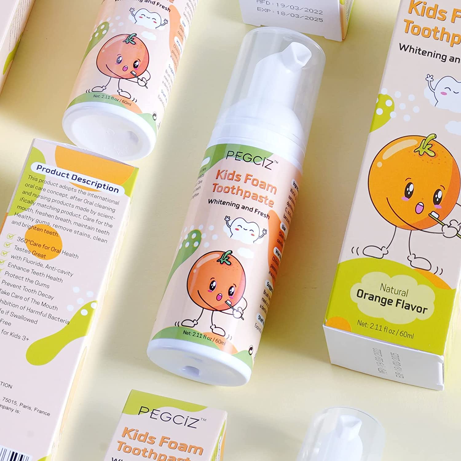 Product care and ingredients illustration for kids toothpaste
