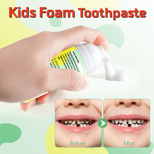 Strawberry flavored kids toothpaste foam tubes on table