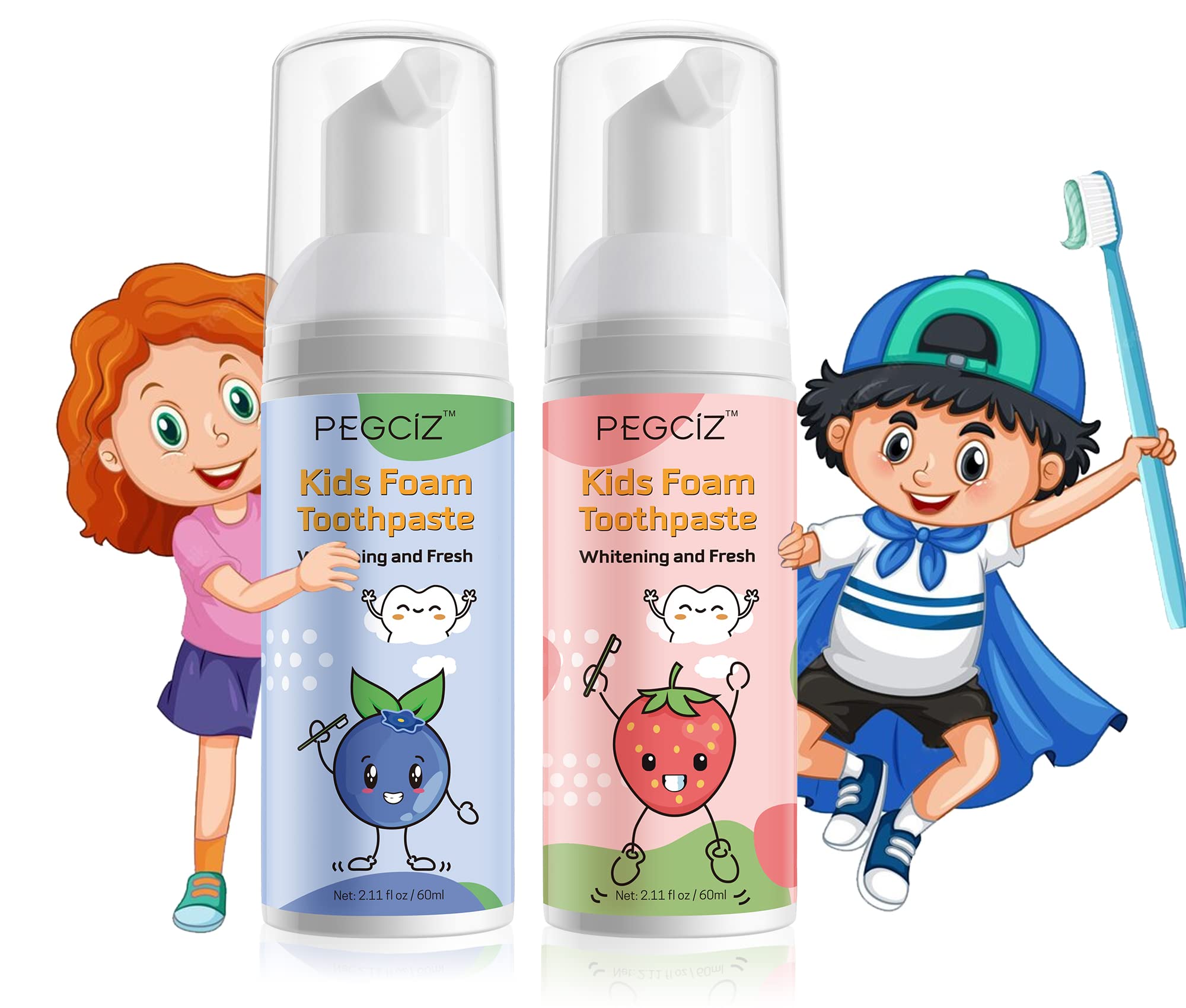 Foam toothpaste for kids with strawberry-blueberry flavor packaging