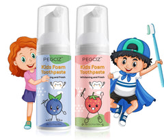 Foam toothpaste for kids with strawberry-blueberry flavor packaging