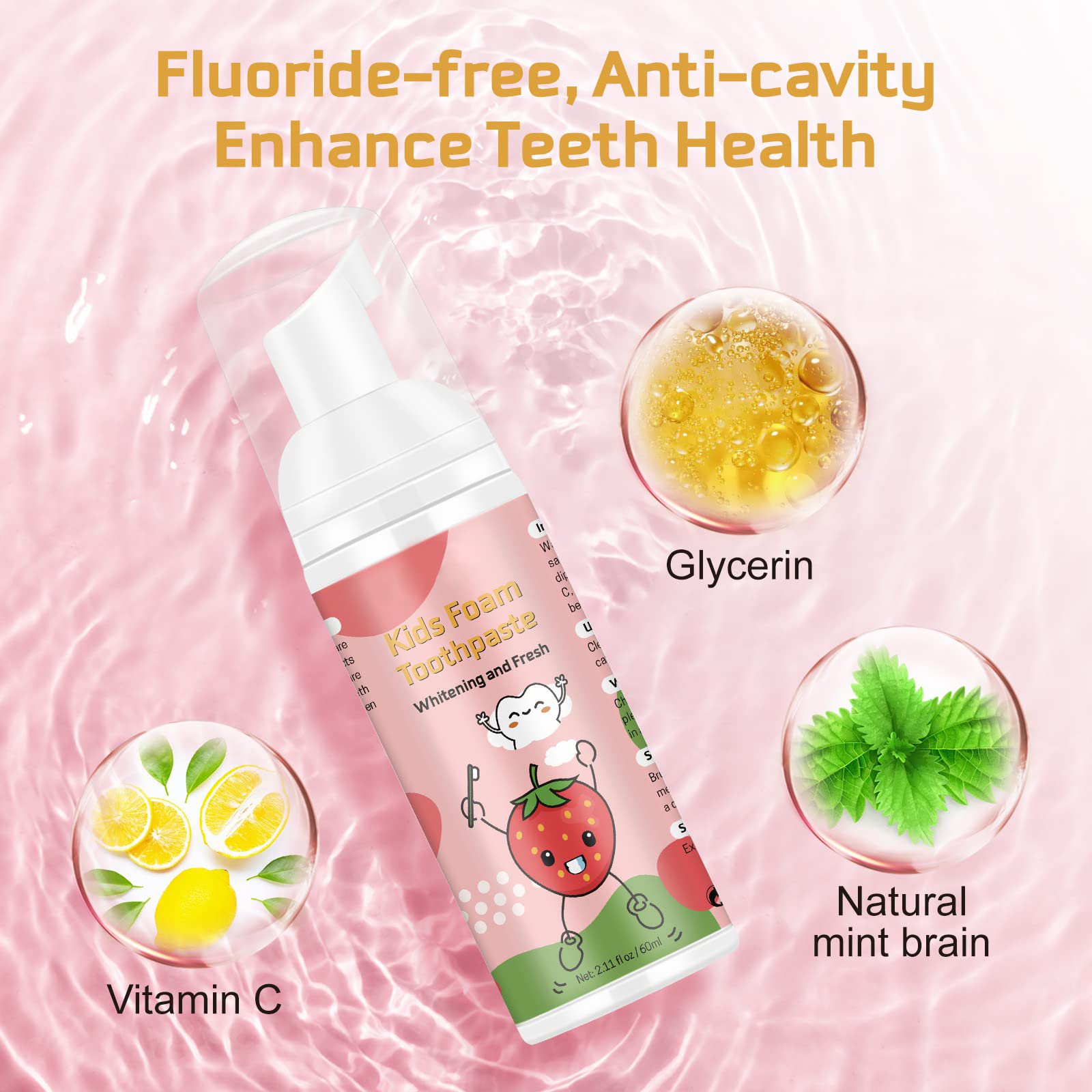 Happy child brushing with watermelon-strawberry flavoured foam toothpaste