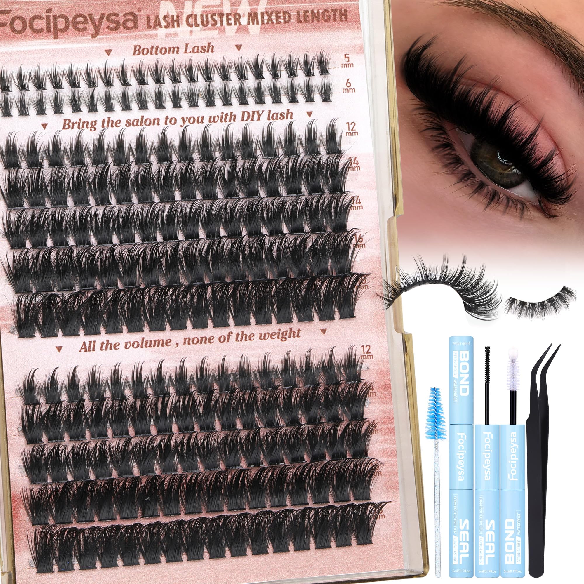 Focipeysa Volume Spike clusters 12-18mm for natural, fluffy lash fullness.