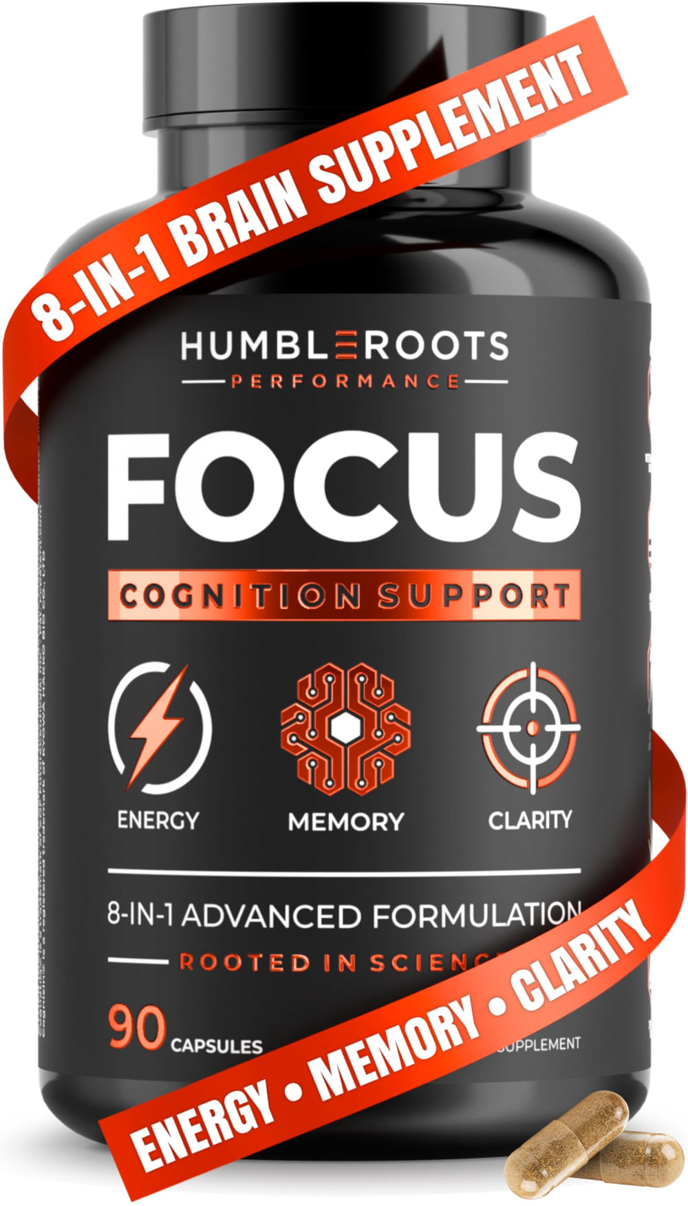 FOCUS 8-in-1 nootropic capsules bottle close-up