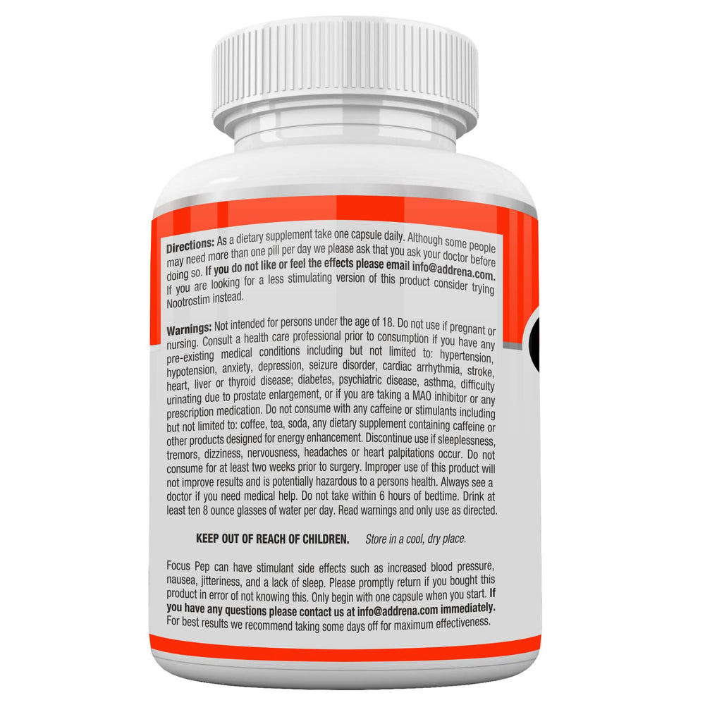 Back of Focus Pep bottle showing supplement facts