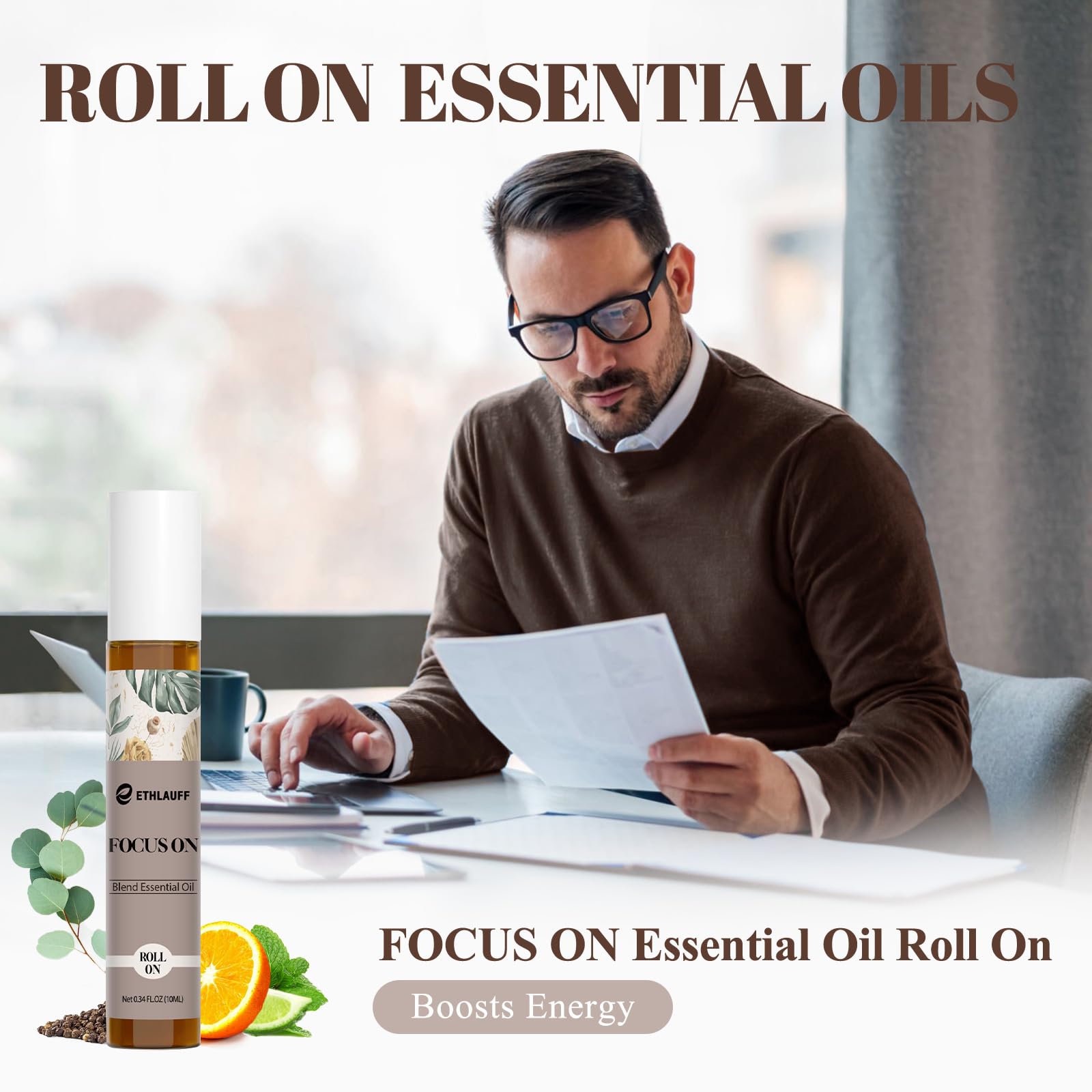 Close-up of focus blend showing orange, eucalyptus, bergamot and black pepper oils