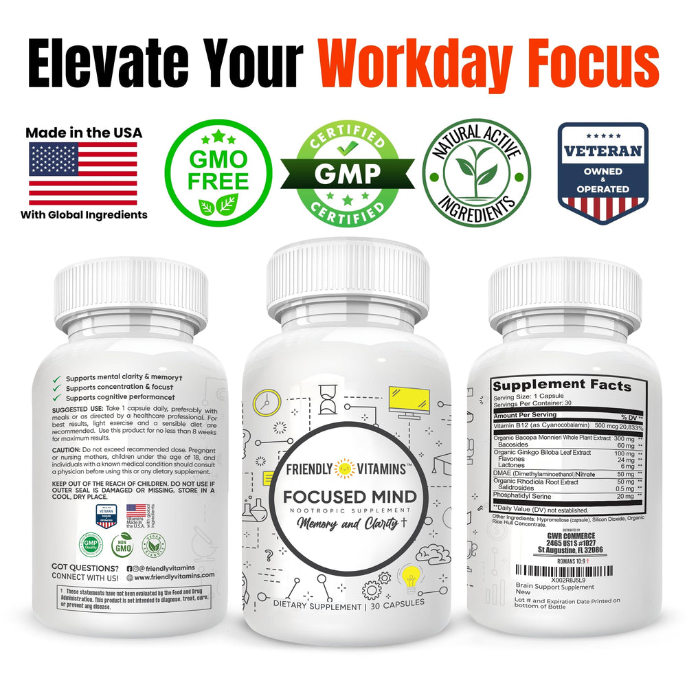 Close-up of Focused Mind capsules promoting concentration and mental energy