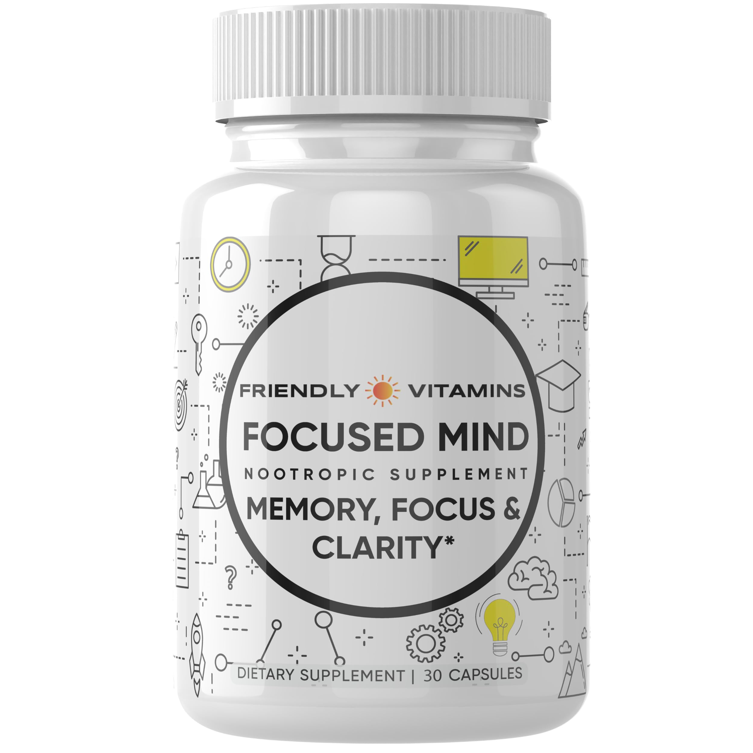 Focused Mind daily brain supplement bottle and packaging on white background