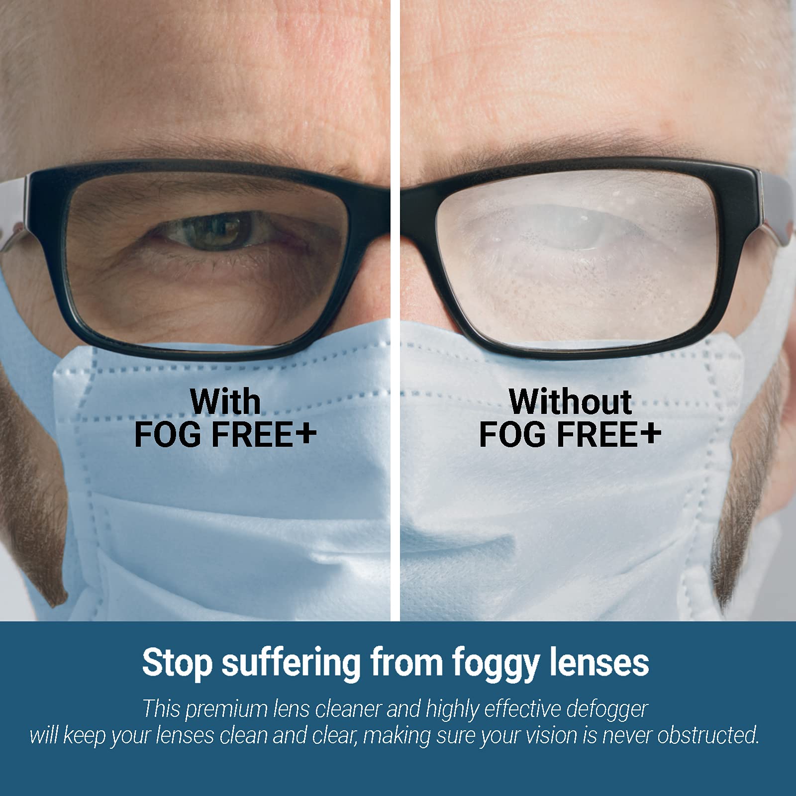 Front view of Fog Free+ 1 oz anti-fog spray bottle