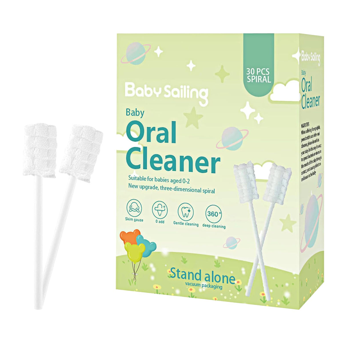 Foily 30-pack baby tongue cleaner gauze packaging and product layout