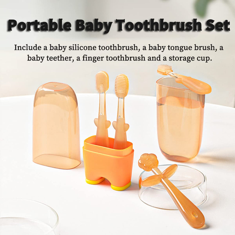Close-up of tongue brush and silicone toothbrush