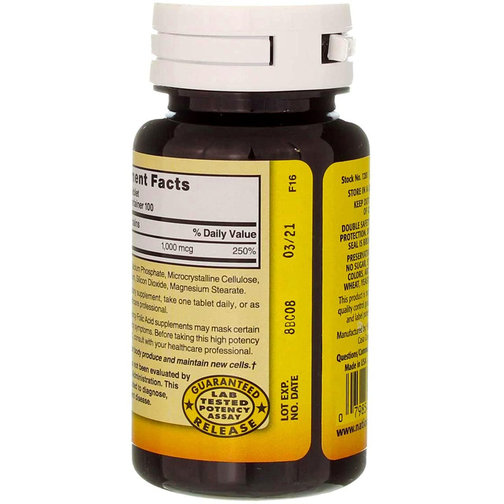 Supplement facts showing 1,000 mcg per tablet