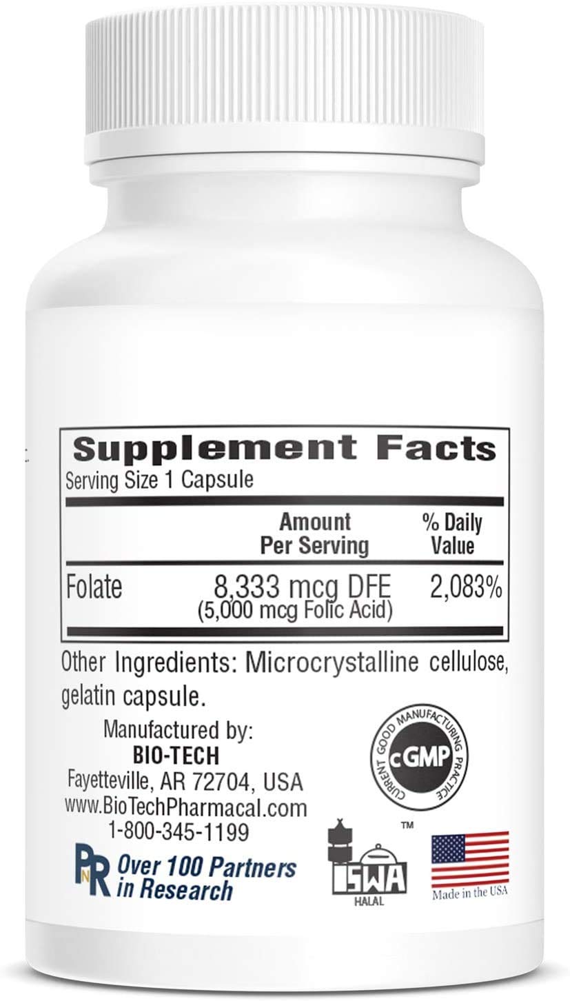 Supplement facts panel and packaging image for Folic Acid 5 mg
