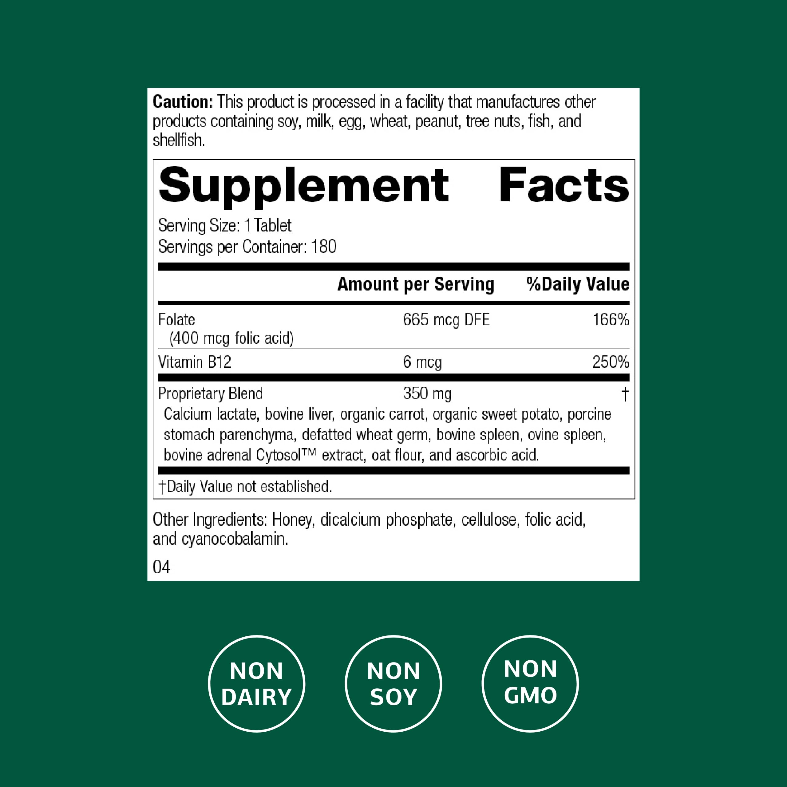 Back of bottle showing label for Folic Acid B12-180 tablets