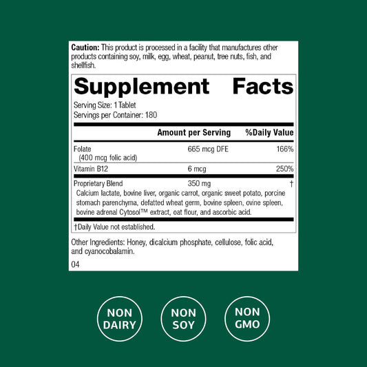 Back of bottle showing label for Folic Acid B12-180 tablets