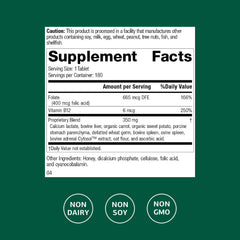 Back of bottle showing label for Folic Acid B12-180 tablets