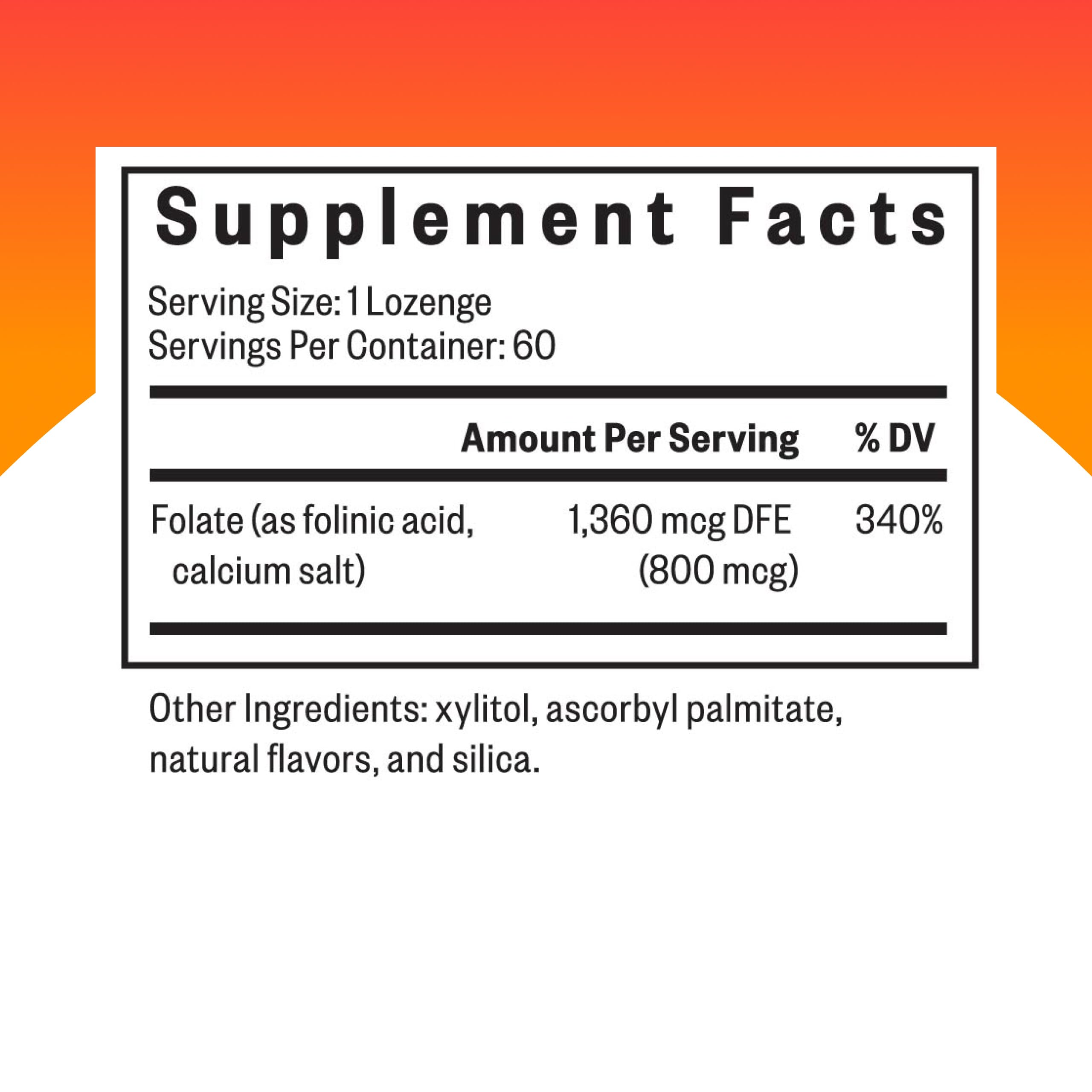 Capsules bottle showing 1,360 mcg DFE folinic acid