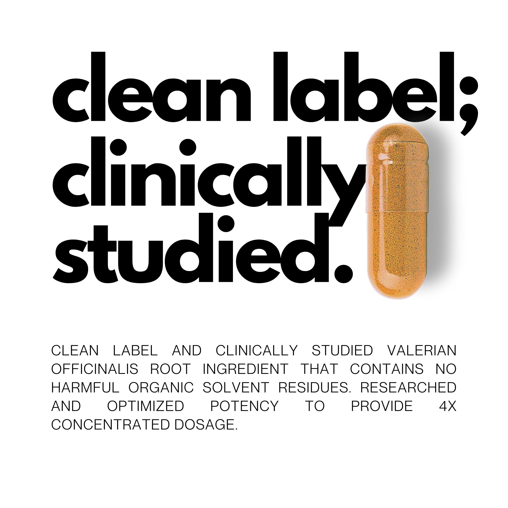 Capsule close-up showing 750mg valerian root extract