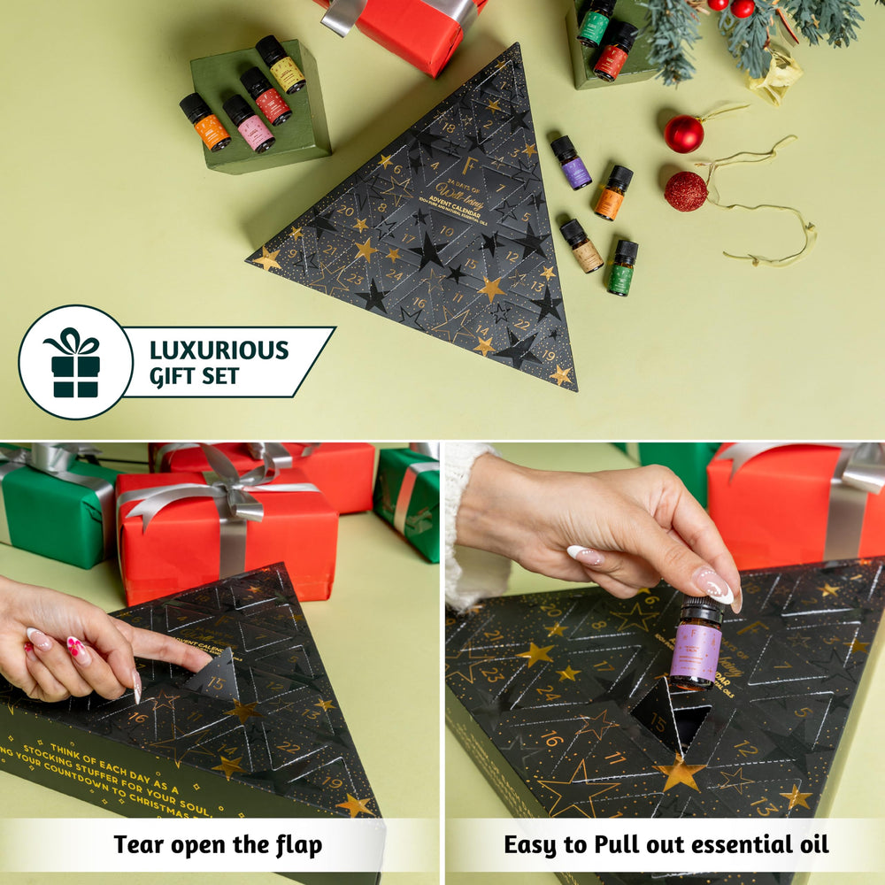 Christmas diffuser oils arranged as a 24-day advent calendar