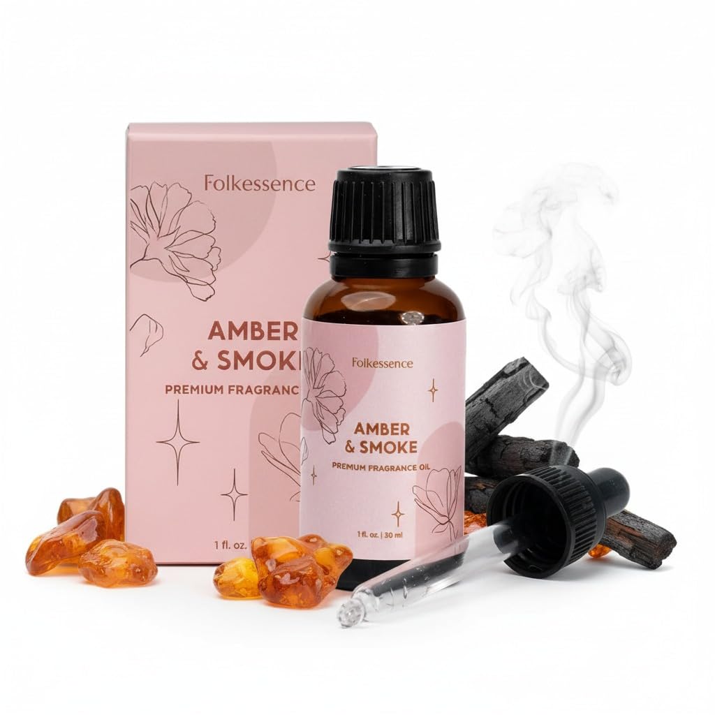 Folkulture Amber & Smoke essential oil blend bottle with dropper