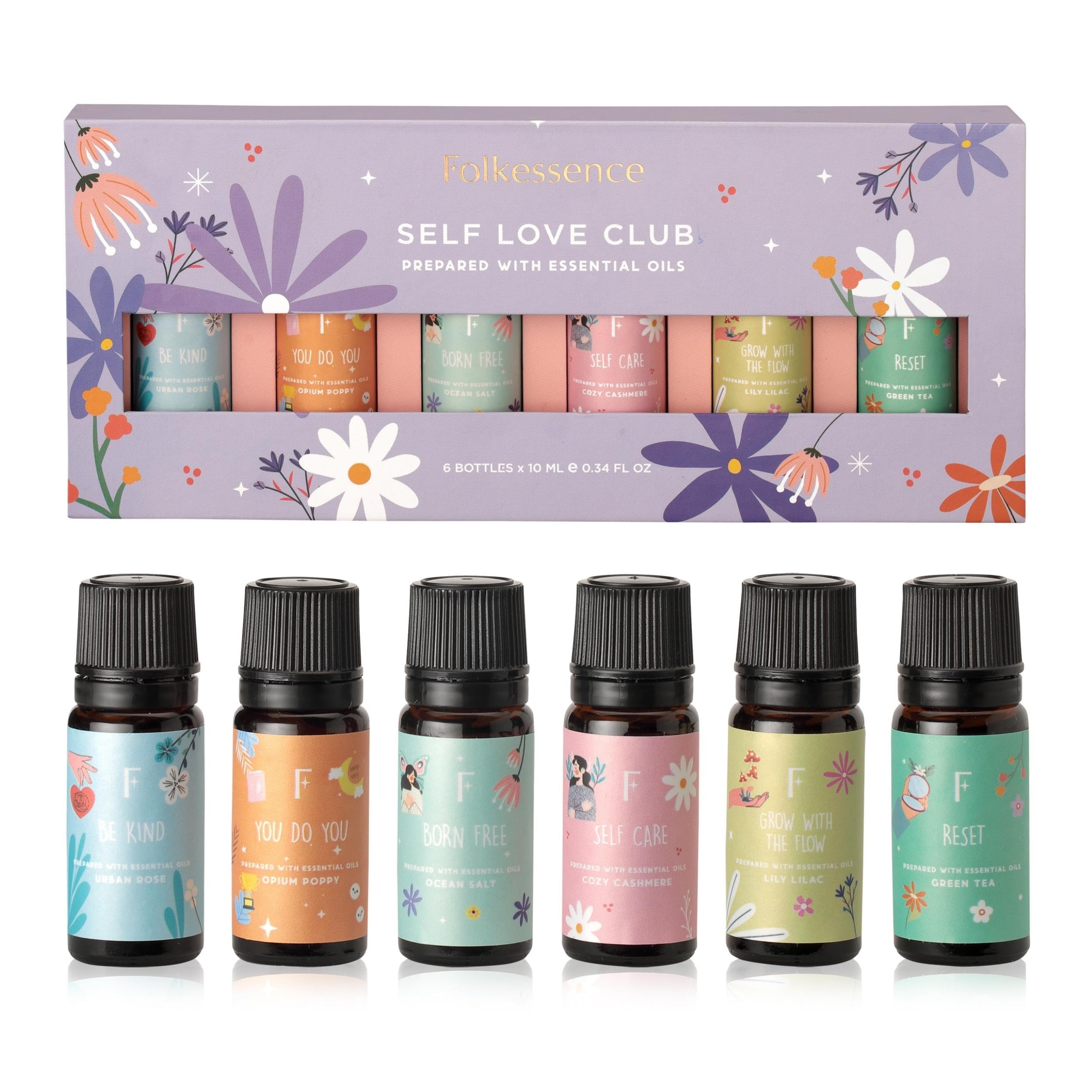 Six-pack Folkulture diffuser essential oils set – packaging and bottle lineup
