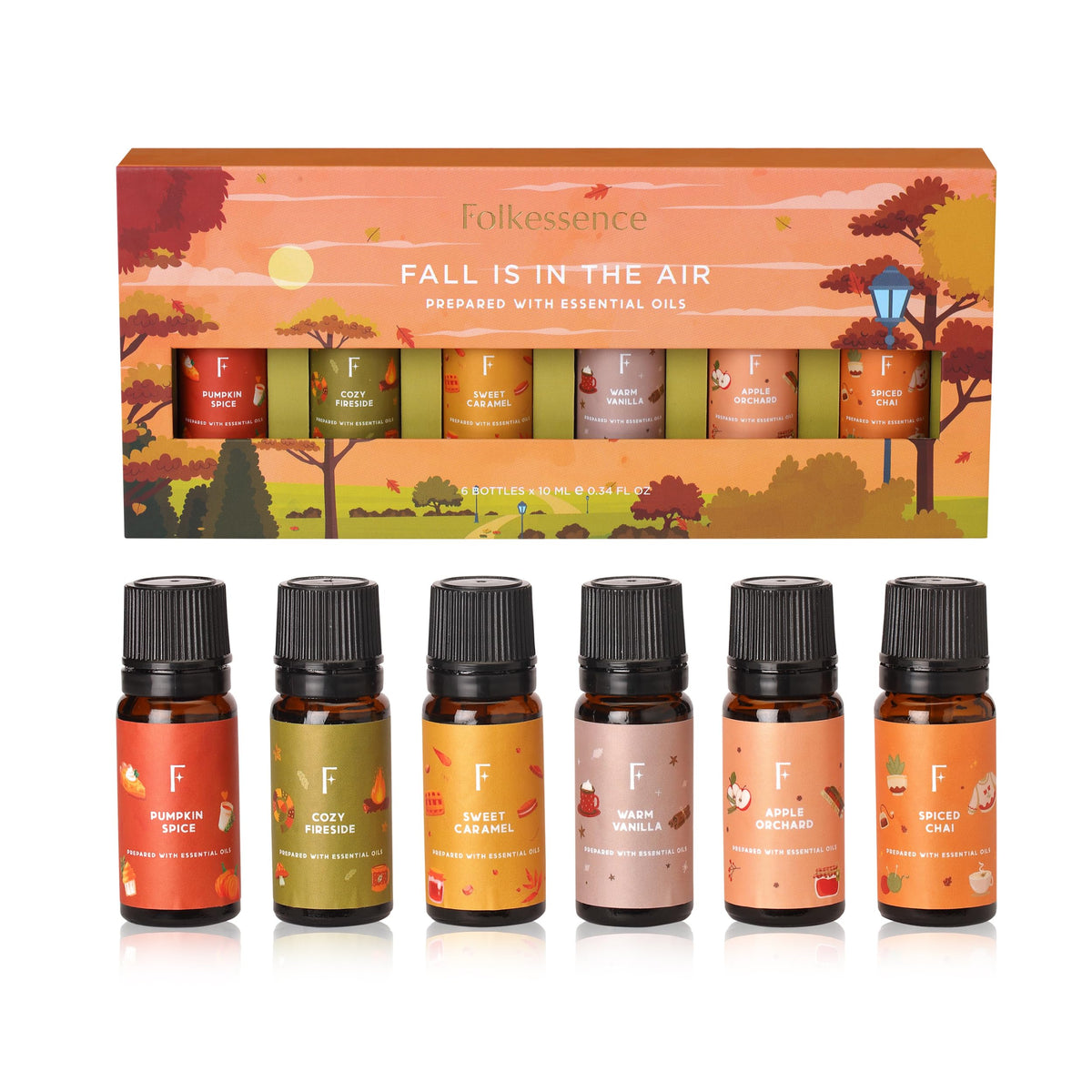 Six fall diffuser oil bottles from Folkulture set featuring vanilla and pumpkin spice