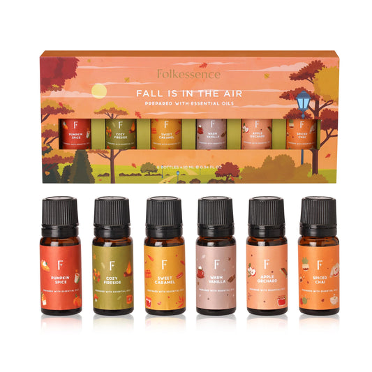 Six fall diffuser oil bottles from Folkulture set featuring vanilla and pumpkin spice