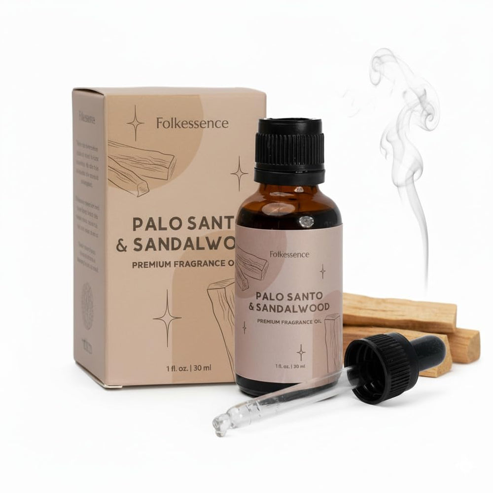 Folkulture Palo Santo and Sandalwood essential oil bottle with dropper