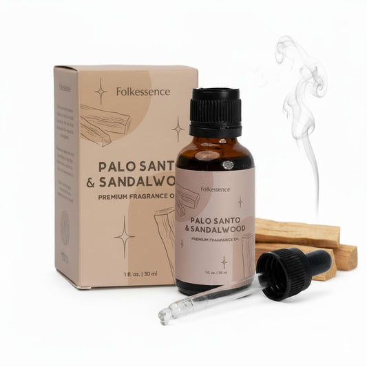 Folkulture Palo Santo and Sandalwood essential oil bottle with dropper