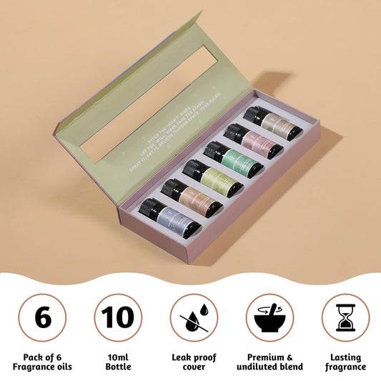 Assorted essential oil bottles in a 6-pack for diffusion